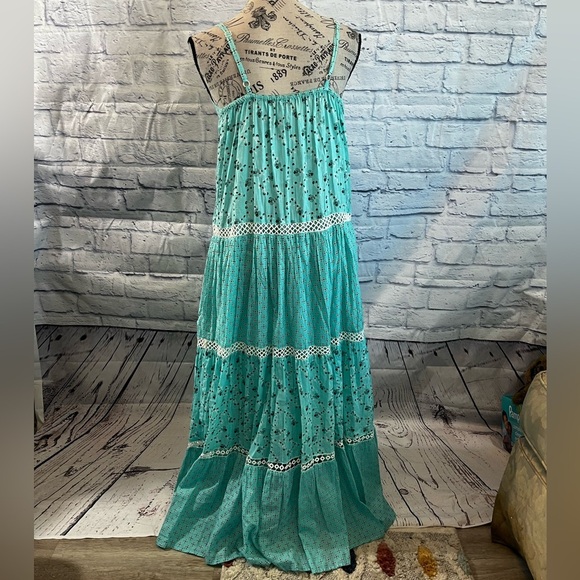 Debbie Katz South Beach Aqua Lily Maxi Dress NWT Tiered Spaghetti Straps Small - Picture 6 of 10